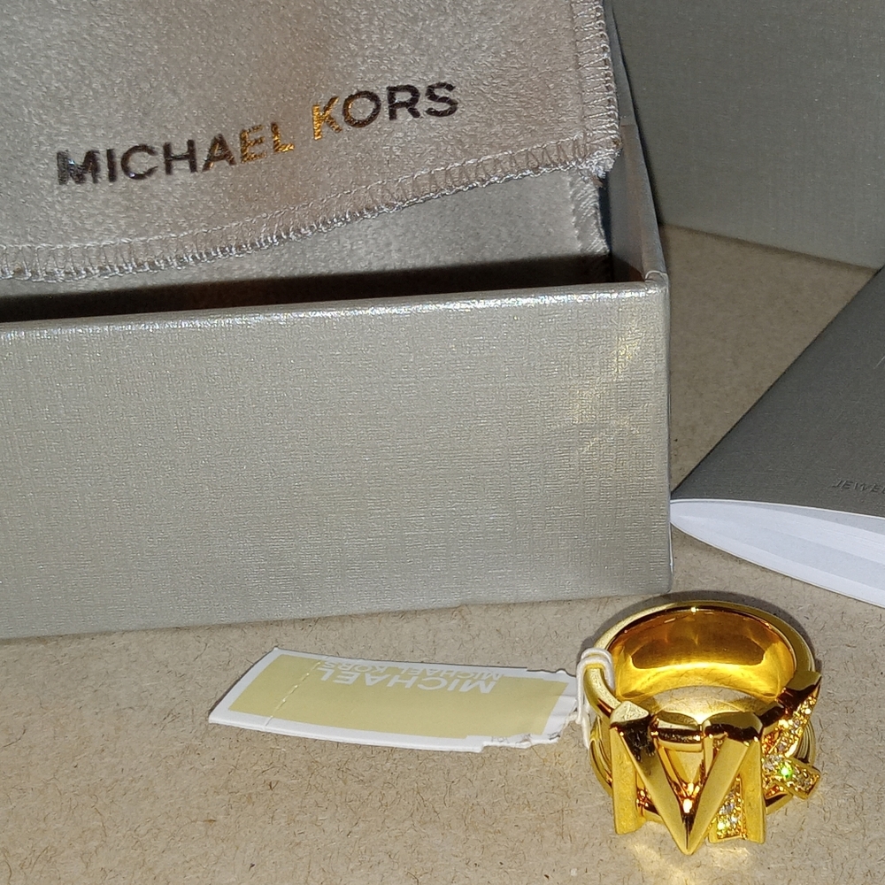 Michael Kors Precious 14k Metal-Plated Brass Pave Logo Ring